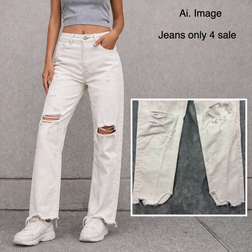 White Distressed Jeans Straight Leg Sz 27 Raw Hem Grunge Indie Sleaze Streetwear